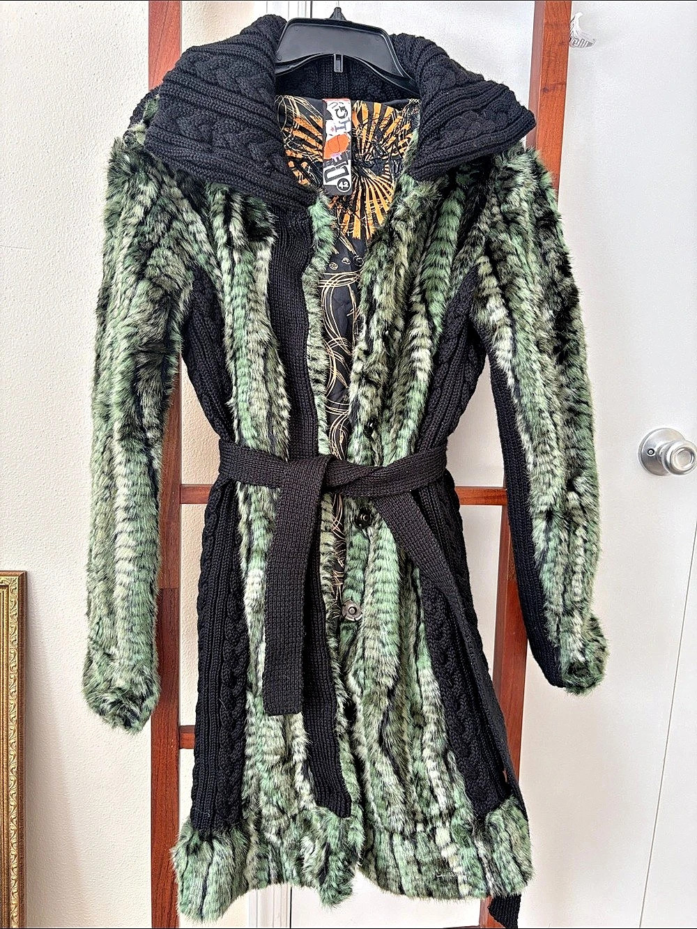 Desigual Green & Black Belted Cardigan Size 42 EU | US 10/L
